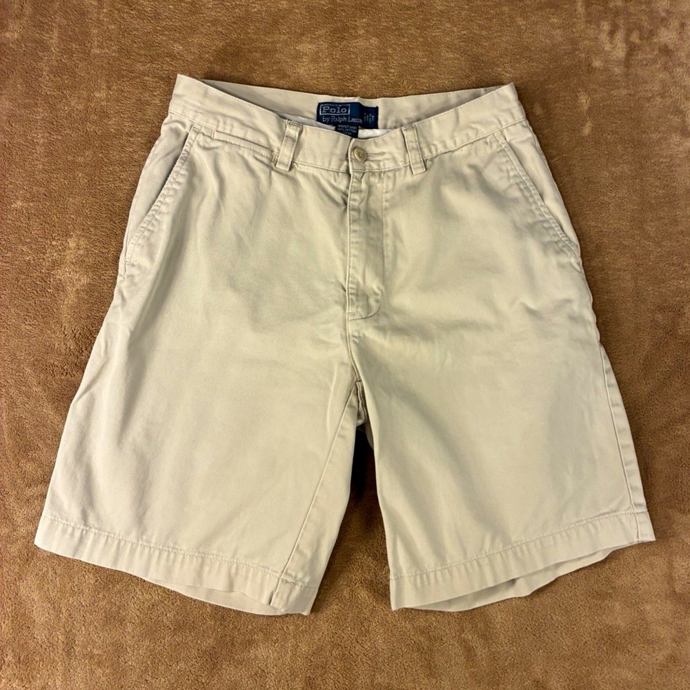 VTG Polo Ralph Lauren Mens Beige Chino Prospect Shorts Flat Front Twill Preppy